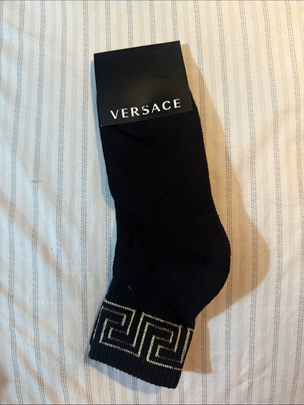 Versace Black Crew Socks with Gold Greek Key Trim